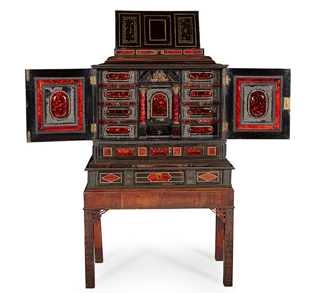 FLEMISH RED TORTOISESHELL, EBONY, IVORY INLAID AND SILVERED AND GILT METAL MOUNTED CABINET AND ASSOCIATED STAND